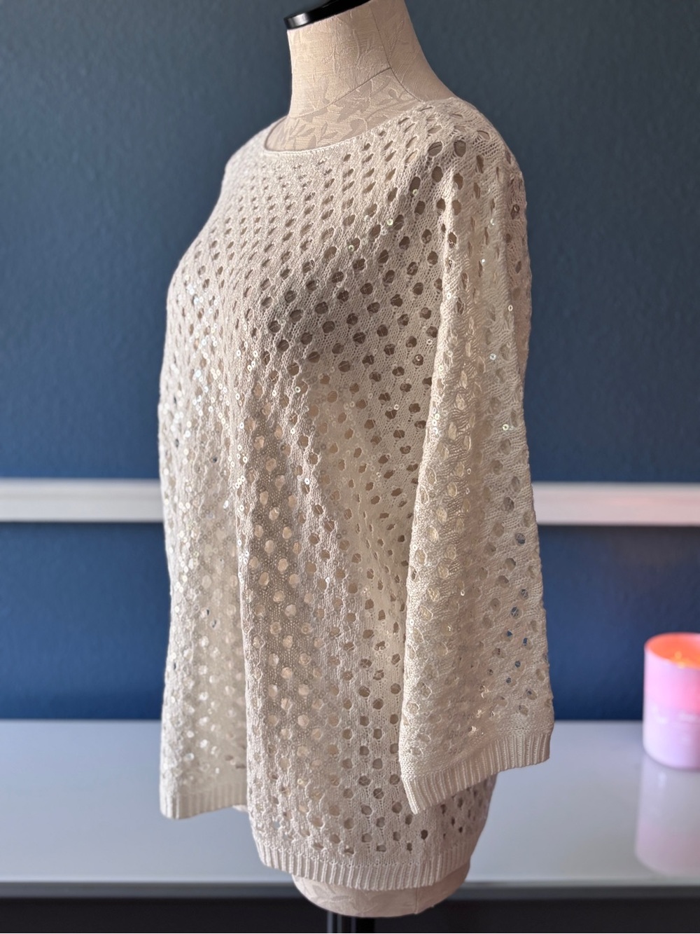 NWT Chico’s Sasha Sequin Pullover Sweater Ecru Open Knit Sparkle Size 3 - Picture 3 of 8